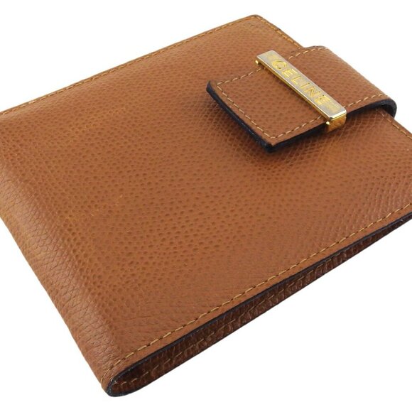 CELINE Two Folded Wallet Logo Plate Leather Authentic USED - Picture 2 of 9